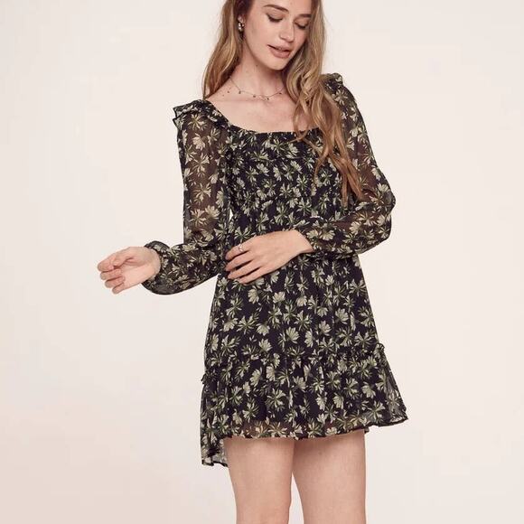 Trixxi Puff Sleeve Floral Smocked Dress Black Small - Picture 1 of 12